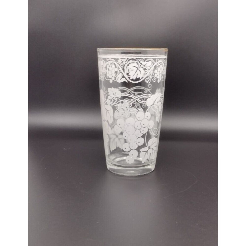 Vintage Hazel Atlas Glass Juice Tumbler White Grapevine 10 oz Fruit Gold Guilt